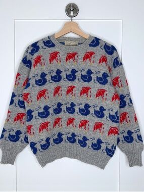 Vintage Wallis Wool Scotland Sweater Ducks and Umbrellas Knit Pattern